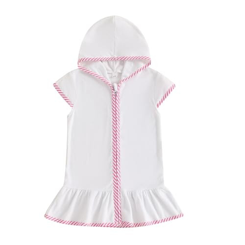 Girls Terry Cloth Swim Cover Up Zip Up Hooded Bathing Suit Coverup Wraps Rufled Kids Pool Beach Robe Cover-Up Dress (Striped Pink, 2-3T) | Amazon (US)