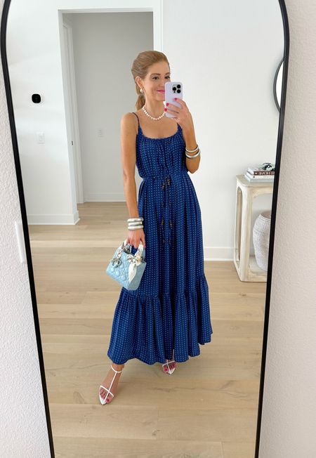 Love this blue maxi dress! Wearing xs super comfy and great for summer parties, brunch, 4th of july. New white sandals- love them! Run tts

#LTKShoeCrush #LTKParties #LTKFindsUnder100