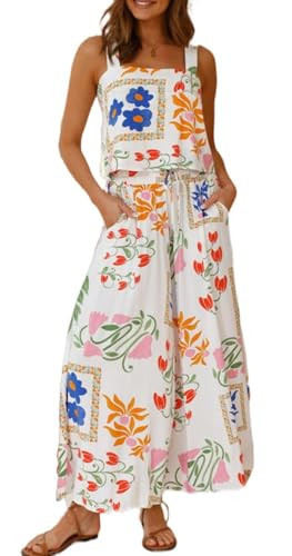 Melliflo Womens Boho Floral Y2k Summer 2 Piece Outfits Square Neck Tank Pants and Wide Leg Pants Set | Amazon (US)