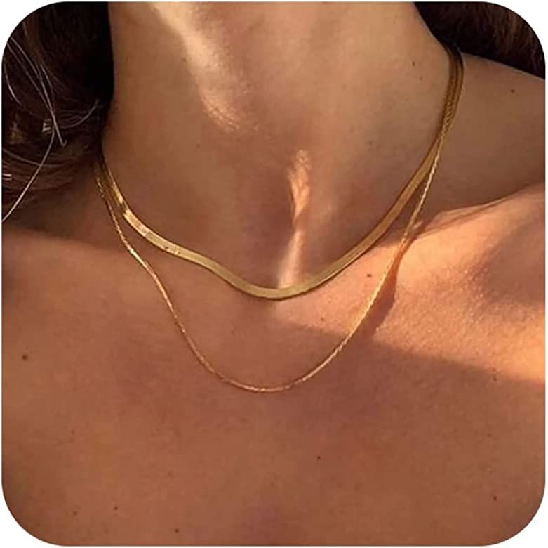 Tewiky Herringbone Necklace for Women Dainty 14k Gold Snake Chain Necklace Layered Gold Herringbo... | Amazon (US)