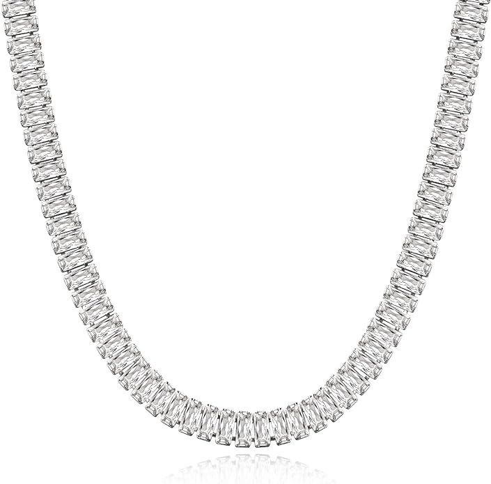 KissYan Diamond Tennis Necklace for Women, 14K/White Gold Plated Cubic Zirconia Baguette Tennis C... | Amazon (US)