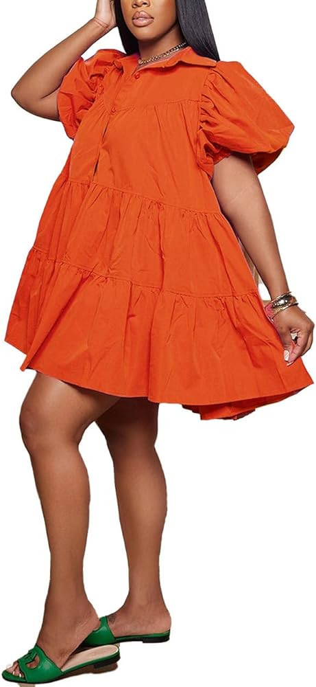 WOKANSE Women's Cute Babydoll Dresses 2024 Casual Loose Puff Sleeves Ruffle Hem Button Down Pleat... | Amazon (US)