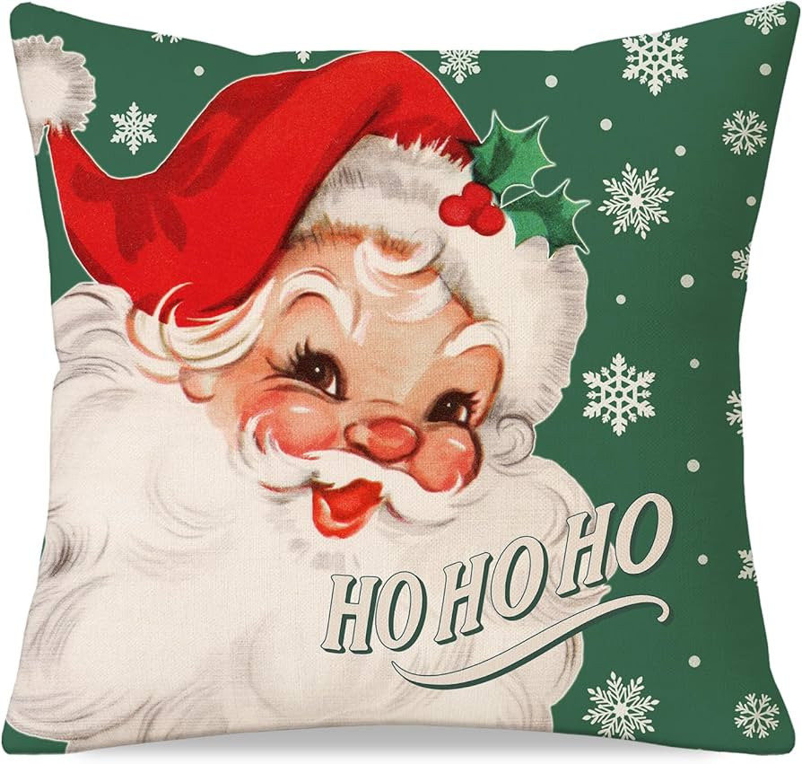 Christmas Throw Pillow Cover 18x18 Inch, Vintage Santa Claus Snowflake Green Decorative Cushion C... | Amazon (US)