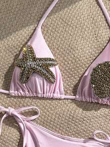 Swim Vcay Women's New Starfish & Shell Rhinestone Decor Top And Side Tie Swim Shorts High-End 2 P... | SHEIN