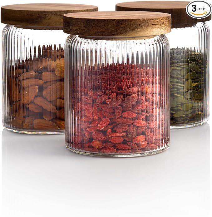 Mason & Fable Ribbed Glass Jar with Wooden Lid Set of 3-16.9oz | Airtight Fluted Glass Storage Co... | Amazon (US)
