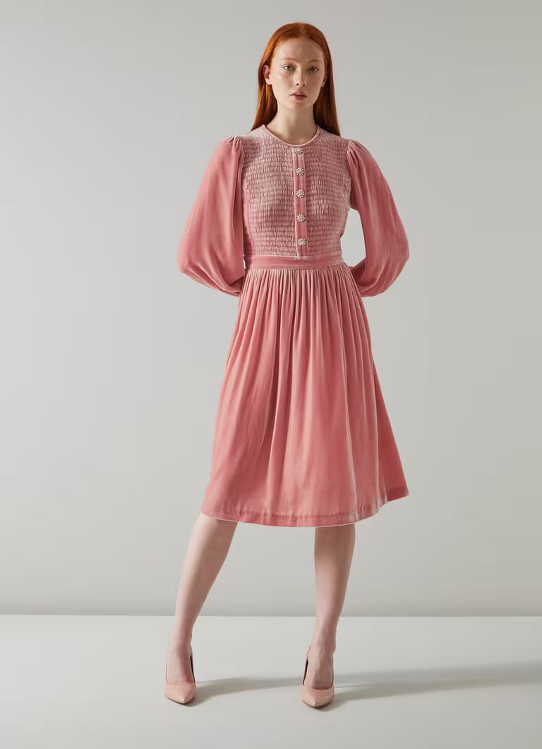 Sigrid Pink Velvet Smocked Dress | L.K. Bennett (UK)