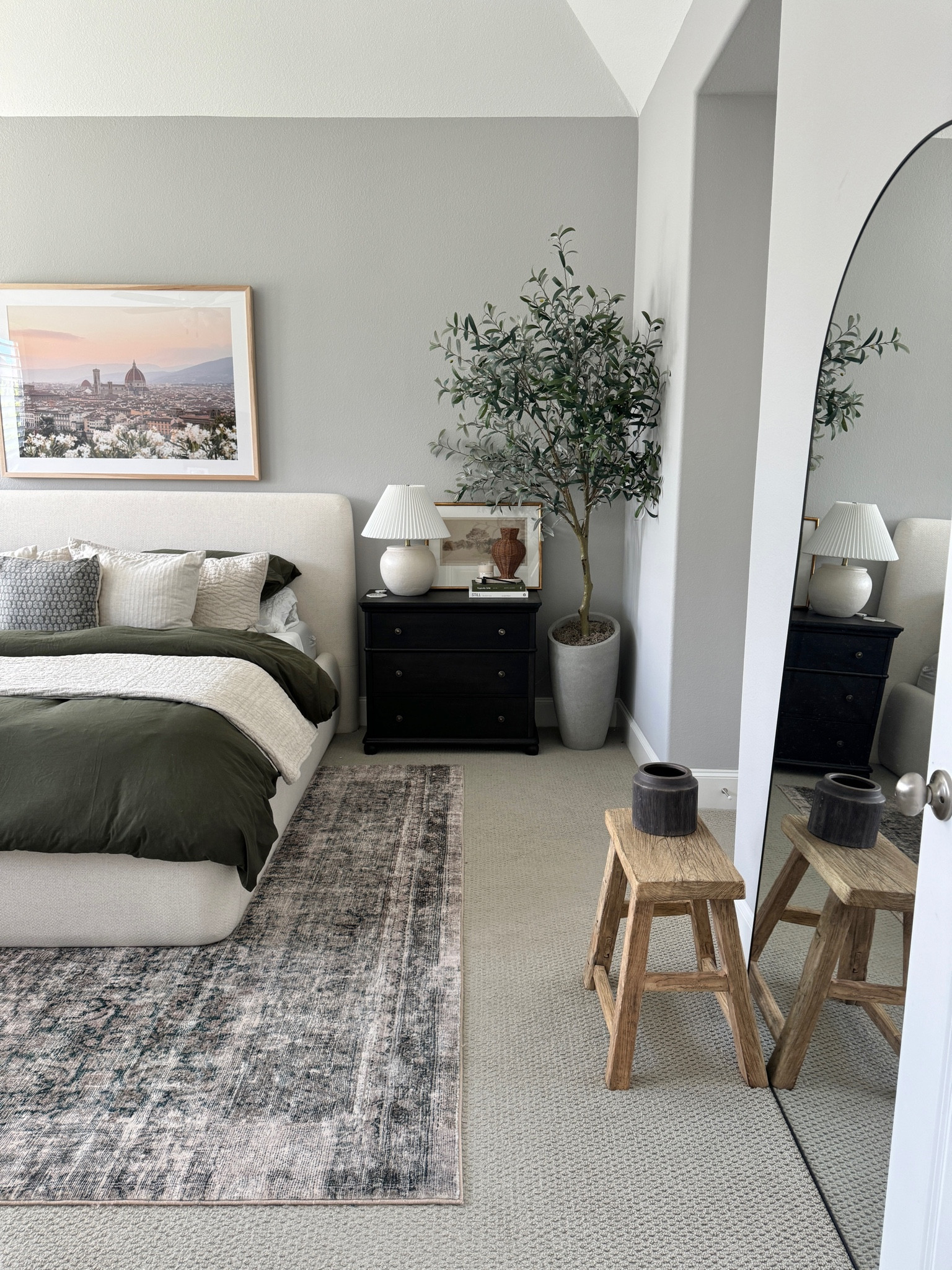 Primary bedroom views, master bedroom decor, green bedding, olive duvet, target bedside table, studio McGee target, oversized arched mirror 

#LTKHome