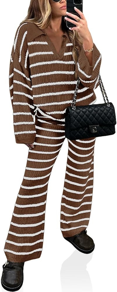 Yousify 2 Piece Sets for Women Long Sleeve V Neck Sweater Lounge Set Striped Fall Outfits 2024 S-... | Amazon (US)
