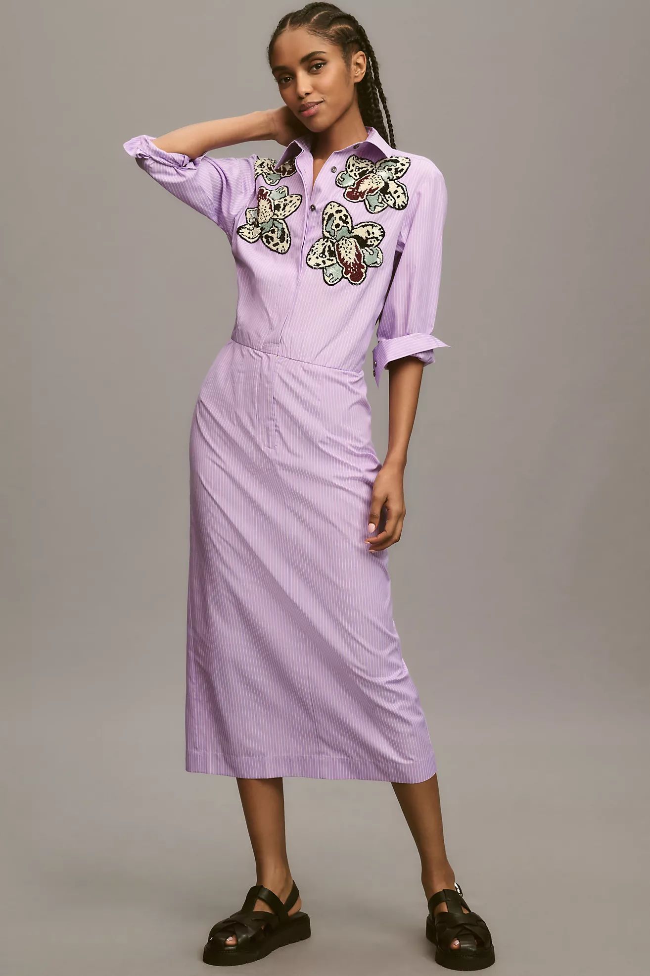 Dhruv Kapoor Embroidered Floral Slim Midi Shirt Dress | Anthropologie (US)