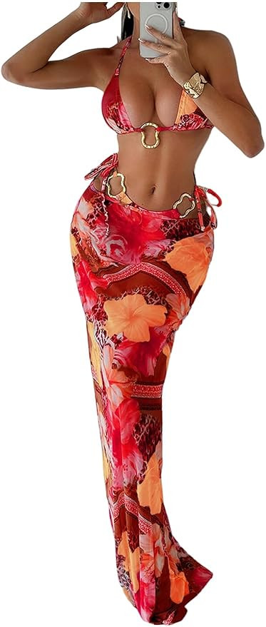 WDIRARA Women's 3 Piece Floral Halter Bikini Set Ring Linked Leopard Print Swimsuit with Coverup ... | Amazon (US)