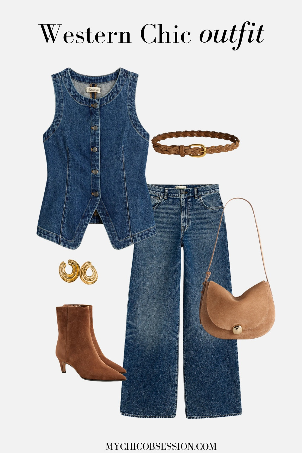 Want to experiment with Western chic style and an all-denim look? Try pairing a denim vest top and a similar wash of wide-leg jeans for a streamlined look that still has fun with Western vibes.

Then, keep your accessories simple and coordinated. Suede pieces will soften the look of your structured denim pieces. Try a pair of kitten heel ankle boots, a suede saddle bag, and a braided belt for added texture. Finally, complete the Western chic outfit with a pair of funky gold earrings. 

 #LTKSeasonal #LTKStyleTip #LTKShoeCrush