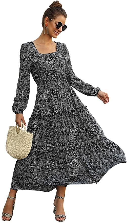 SweatyRocks Women's Long Sleeve Floral Print Flared Flowy Chiffon Maxi Dress | Amazon (US)