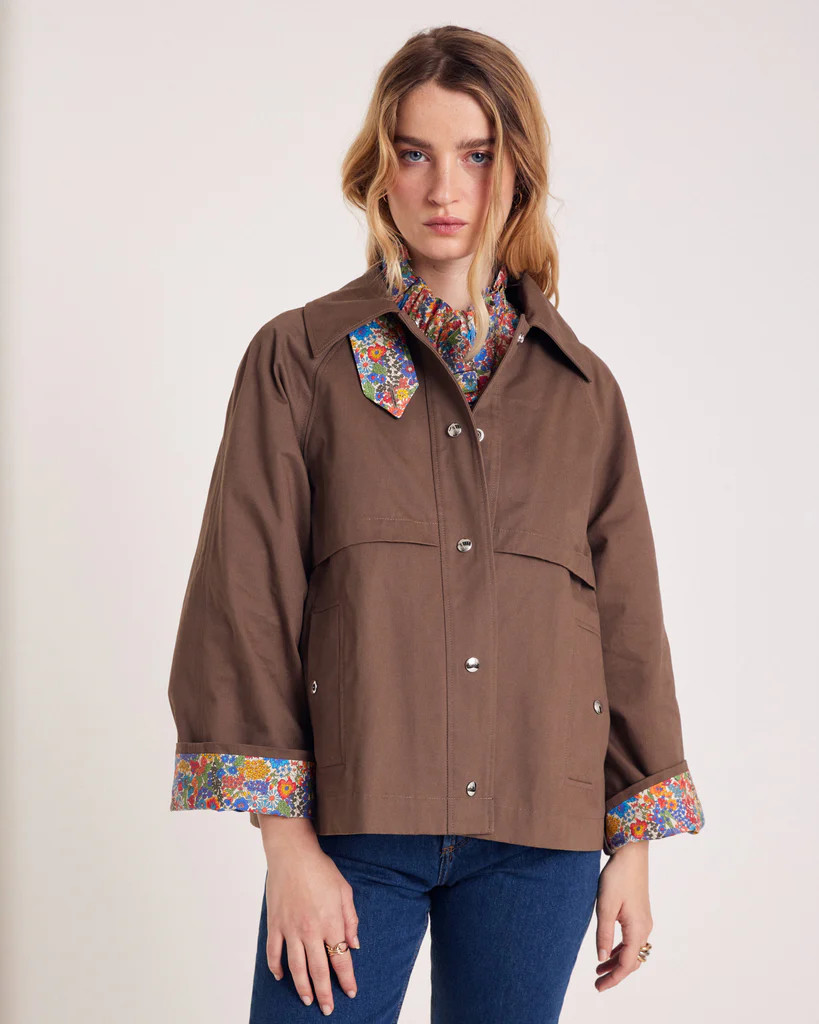 Chocolate Gally trench coat with Liberty details | Balzac Paris US