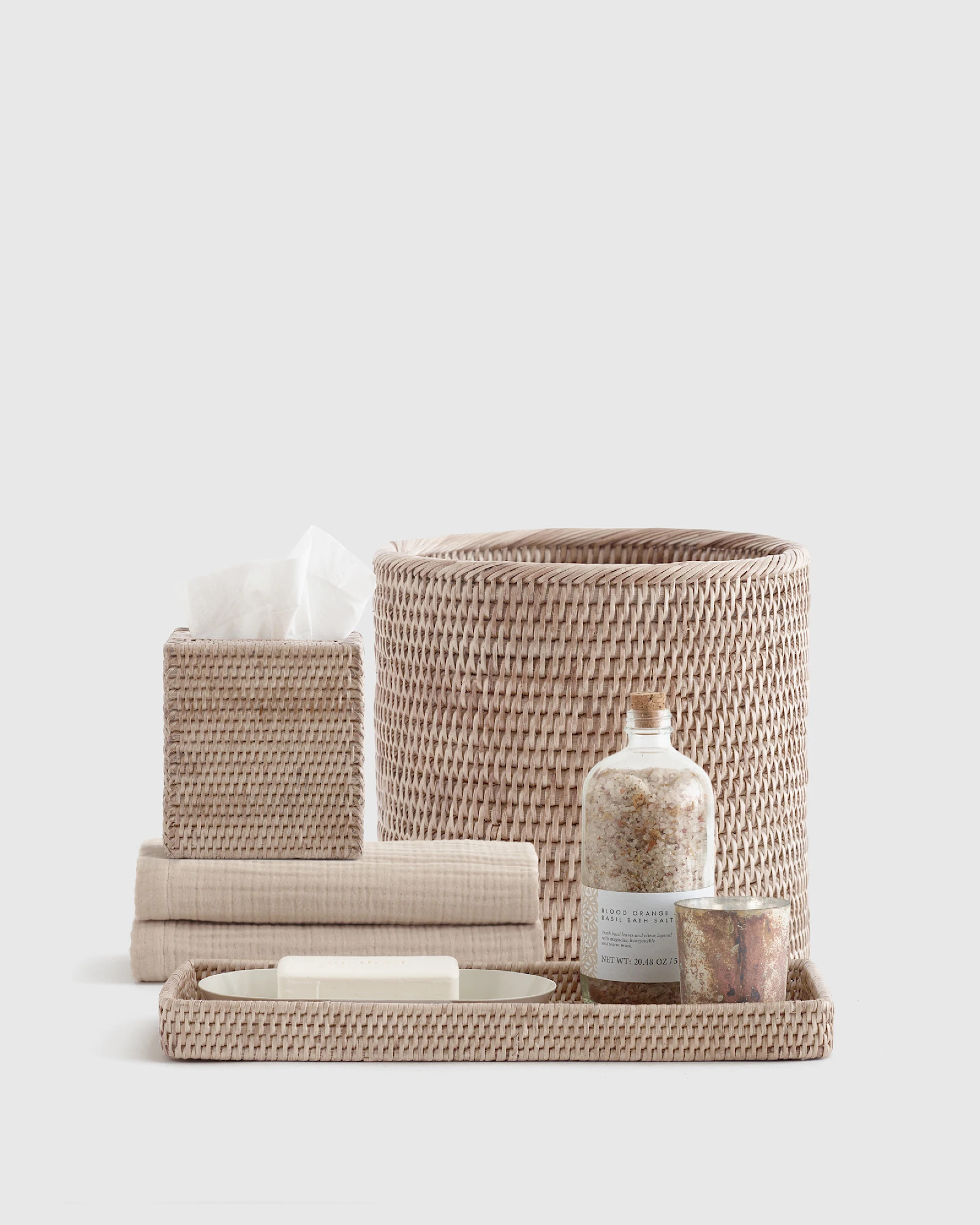 Rattan Bathroom Accessory Set in White Wash | Quince