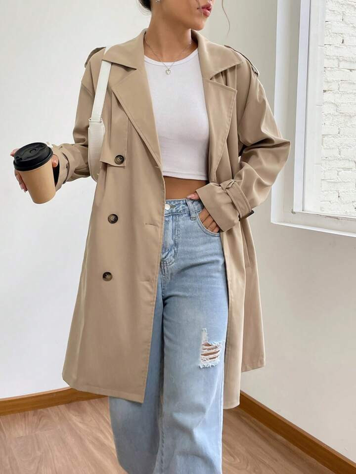 SHEIN EZwear Lapel Neck Double Breasted Belted Trench Coat | SHEIN