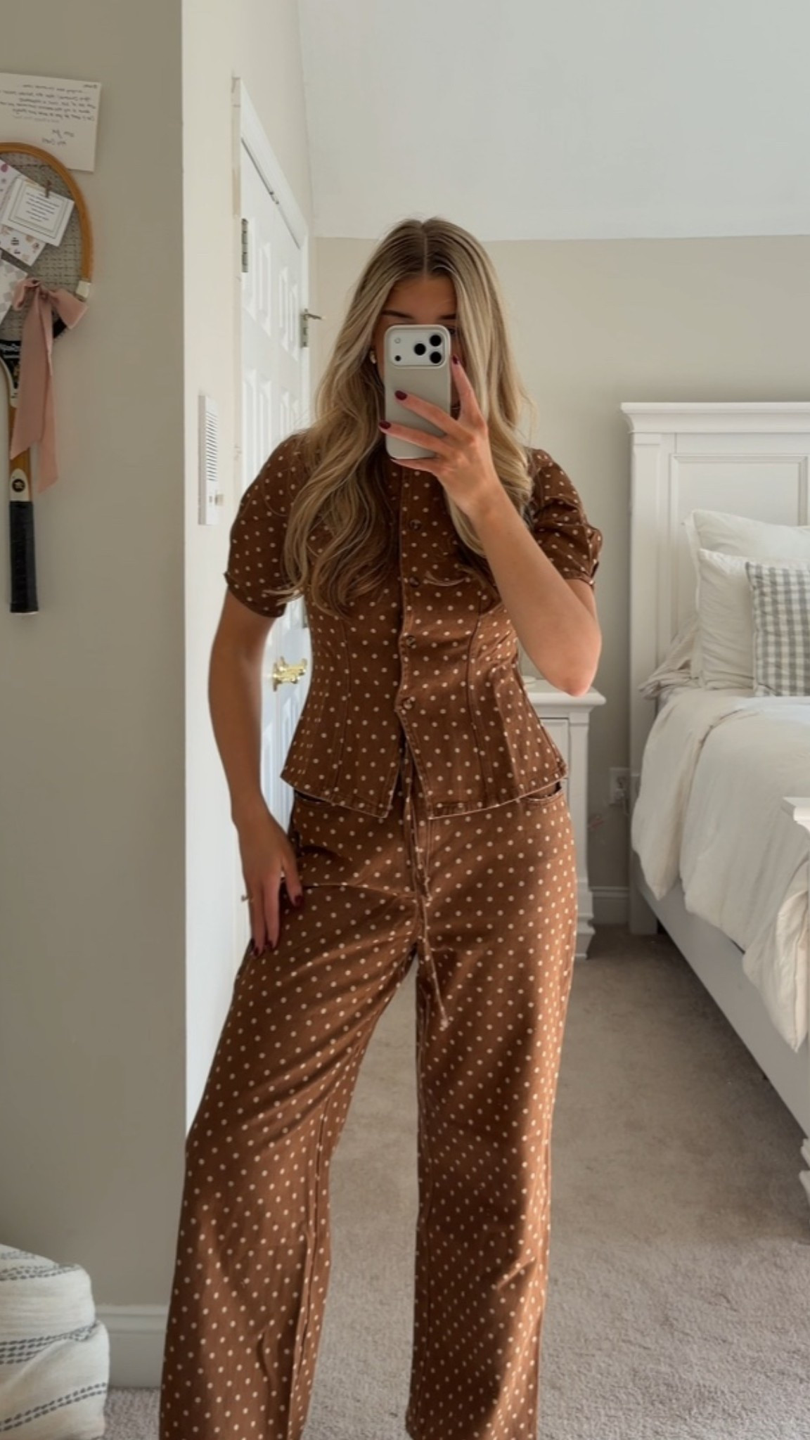 Polka dot set- small in both 
Dress- small
Vest- small
Jeans- 27