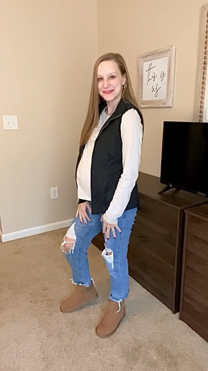 Friday outfit of the day! Mini ugg snow boots paired with ripped mom jeans, long sleeve tshirt and vest! Gold hoop earrings! Comfy and cozy outfit of the day! Walmart style! Walmart ugg boots! Walmart vest! 