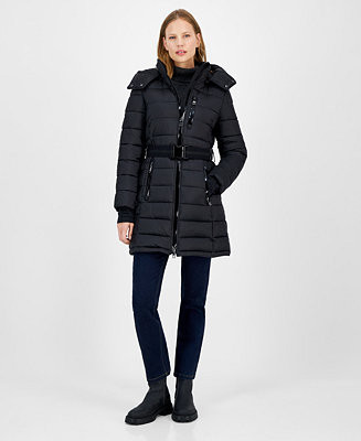 MICHAEL Michael Kors Women's Belted Hooded Puffer Coat, Created for Macy's - Macy's | Macy's