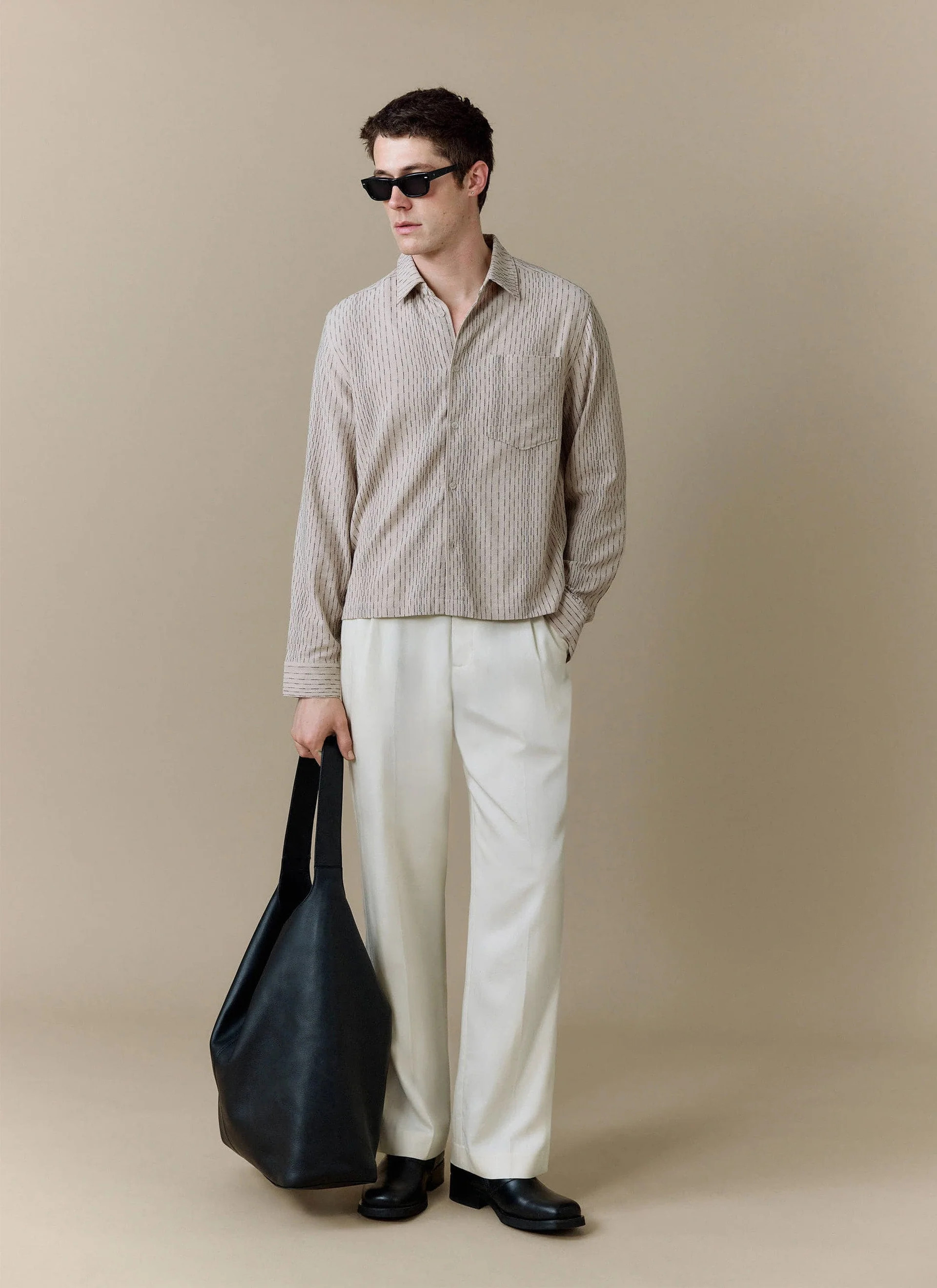 Men's Leland Cuban Boxy Long Sleeve Shirt | Cotton | Ecru | Percival Menswear