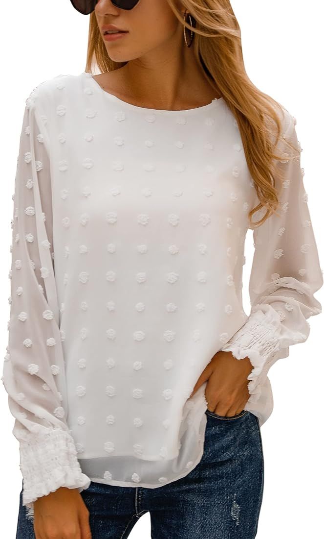 Blooming Jelly Womens Chiffon Blouses Elegant Lantern Long Sleeve Round Neck Top Pom Pom Shirts | Amazon (US)