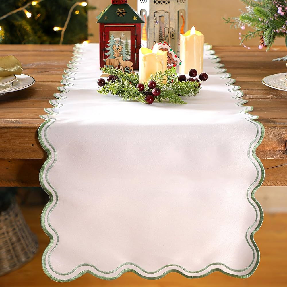 Sage Green Scalloped Edge White Table Runner 70 Inches Preppy Embroidery Edge Table Runner Cute N... | Amazon (US)