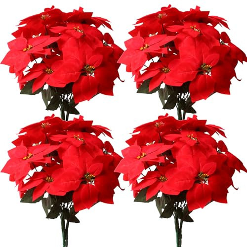 YXYQR 8 Pack Bulk Christmas Artificial Poinsettia Flowers Stem Bouquets Outdoors with 40pcs 8.2 Inch Red Poinsettia Flowers Heads for Christmas Tree, Xmas Garland, Vase, Window Box, Porch Decorations | Amazon (US)