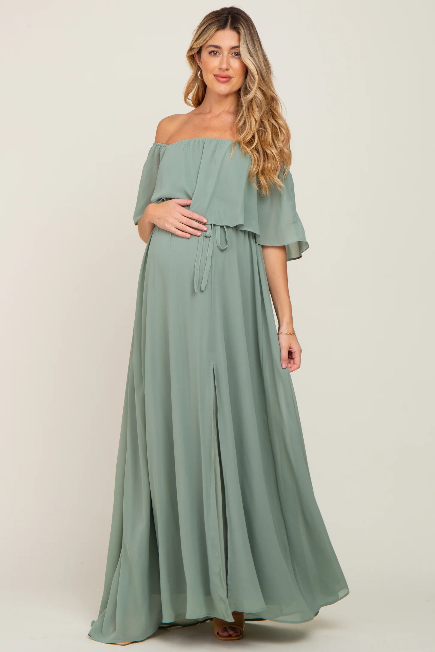 Light Olive Chiffon Off Shoulder Maternity Maxi Dress | PinkBlush Maternity