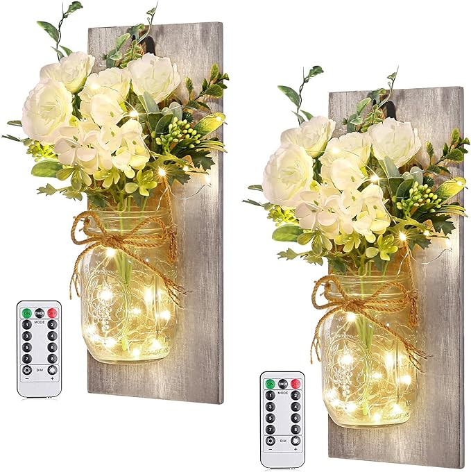 Wall Decor Mason Jar Sconces - Home Decor Wall Art Hanging Design with Remote Control LED Fairy L... | Amazon (US)