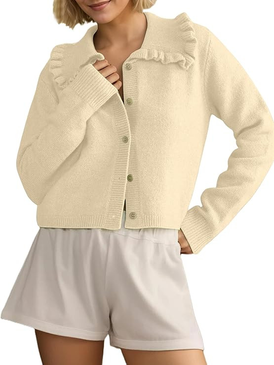 Women Button Dwon Long Sleebe Ruffle Lapel Solid Loose Sweater Cardigan Open Front Knit Cardigans... | Amazon (US)