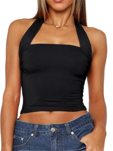 TiulZial Women Sexy Halter Neck Backless Tank Top Open Back Sleeveless Slim Fit Y2k Summer Tops(Black,M) | Amazon (US)