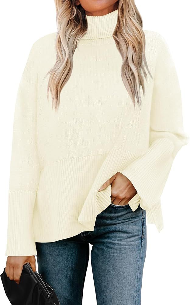 Women's 2023 Fall Sweaters Turtleneck Long Sleeve Oversized Split Hem Knitted Tunic Pullover Jump... | Amazon (US)