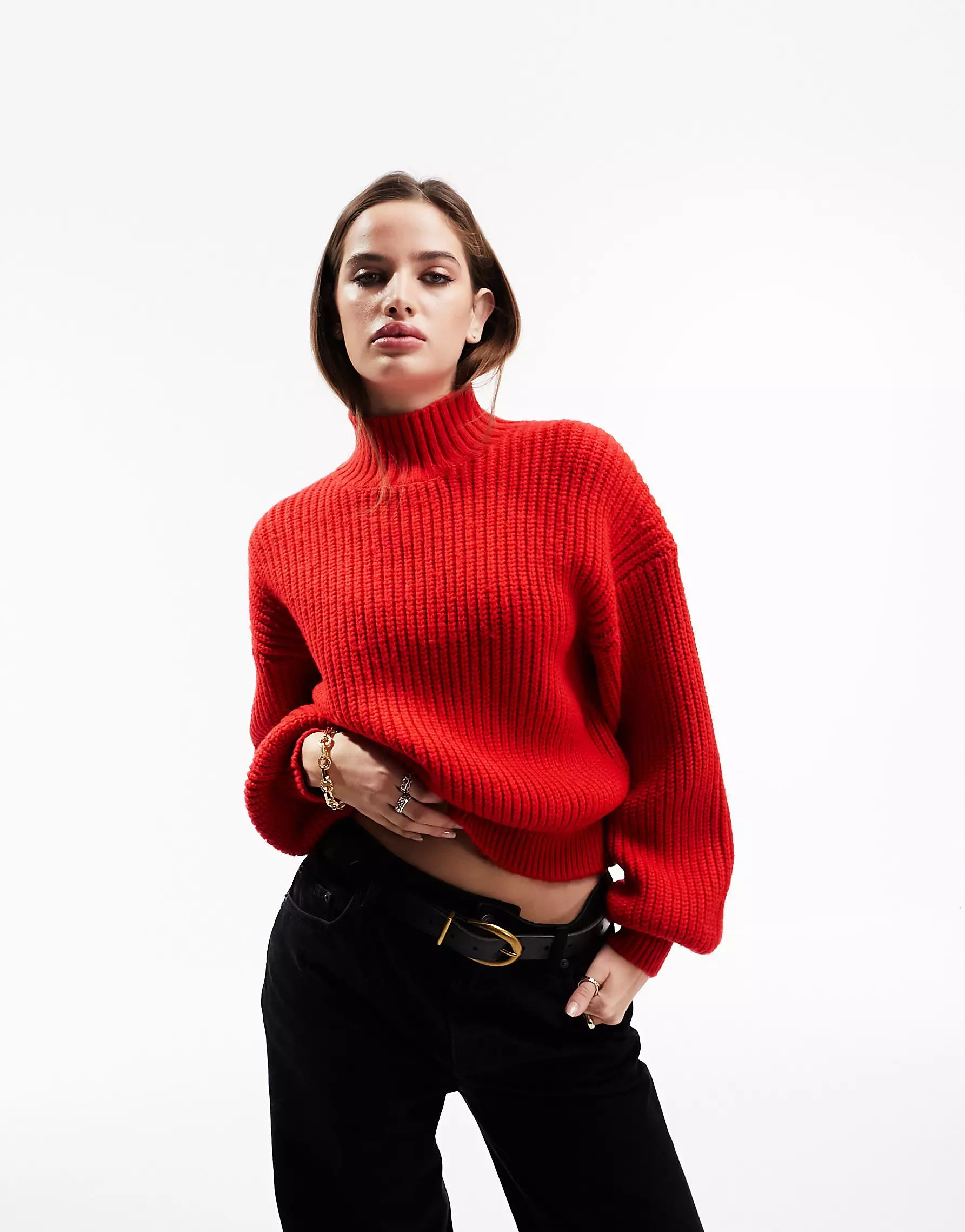 ASOS DESIGN chunky rib sweater with high neck in red | ASOS (Global)