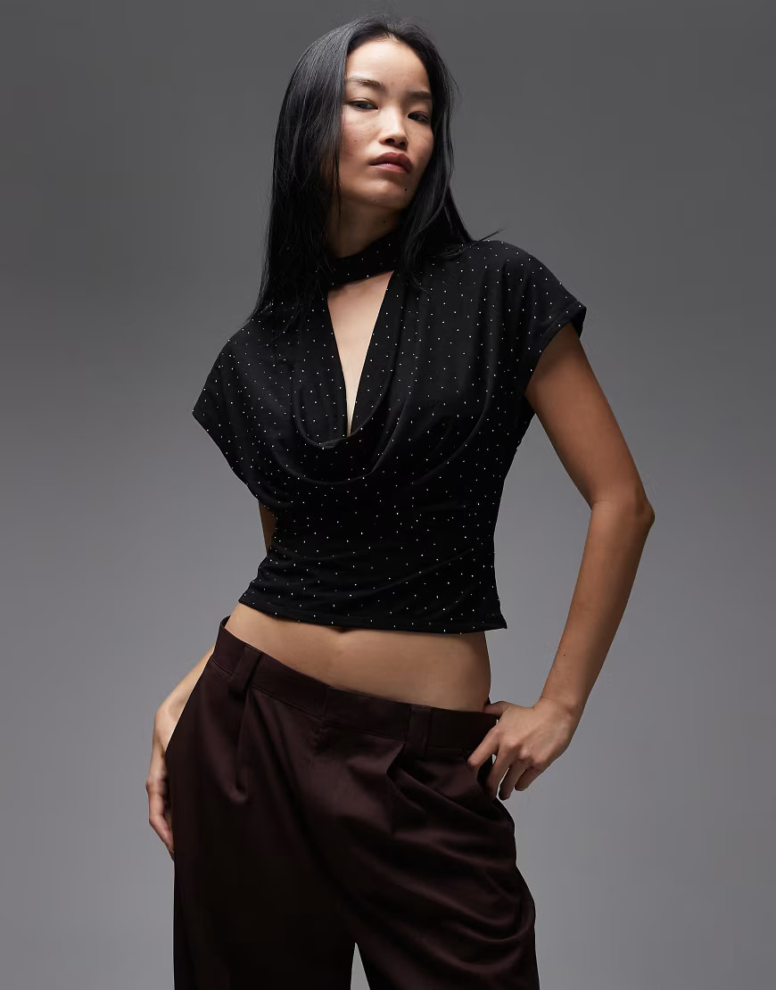 ASOS DESIGN semi sheer rhinestone deep cowl neck top in black | ASOS (Global)