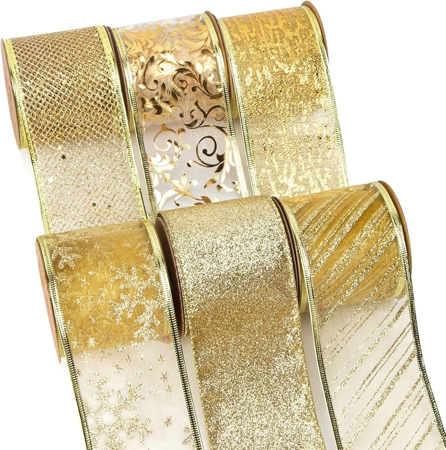 Ribbli Christmas Ribbon Wired Gold Christmas Tree Ribbon Glitter Christmas Wired Ribbons for Tree... | Amazon (US)