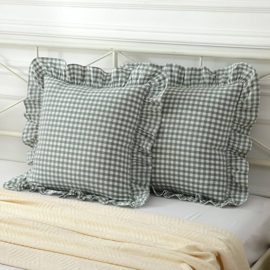 Mywinlle 2 Pack Vintage Dusty Green Plaid Ruffle Throw Pillow Covers,Washed Cotton Checkered Ging... | Amazon (US)