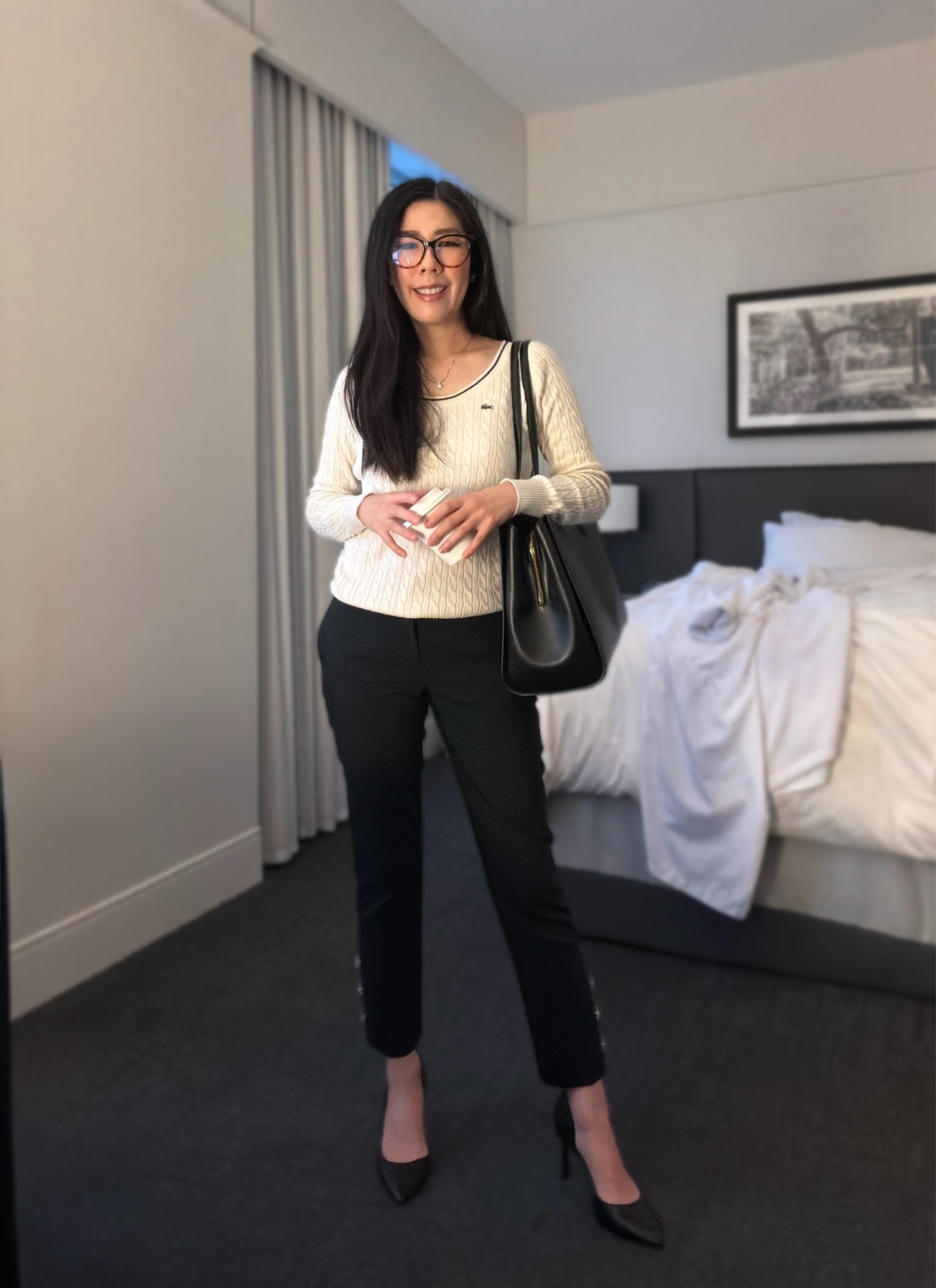 When I have to transition from an offsite work meeting in a different city to the airport, another outfit formula I follow is a cableknit sweater and ankle pants combo. This works well with heels as it does with sneakers. 

#lacoste #workwear#businesscasual #oldmoney

#LTKootd #LTKWorkwear #LTKPetite