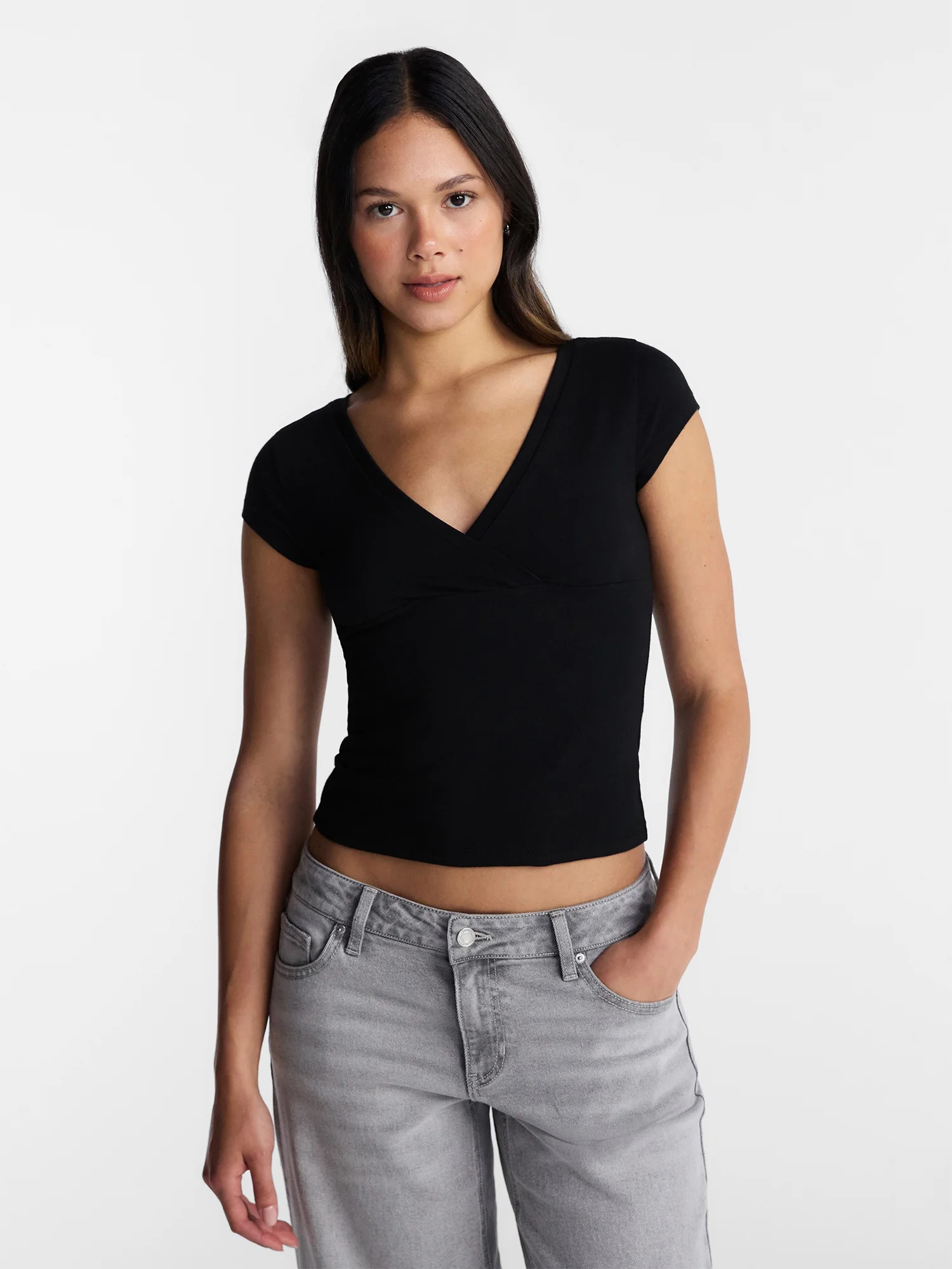No Boundaries Surplice Top with Cap Sleeves, Women’s XXS-XXL | Walmart (US)