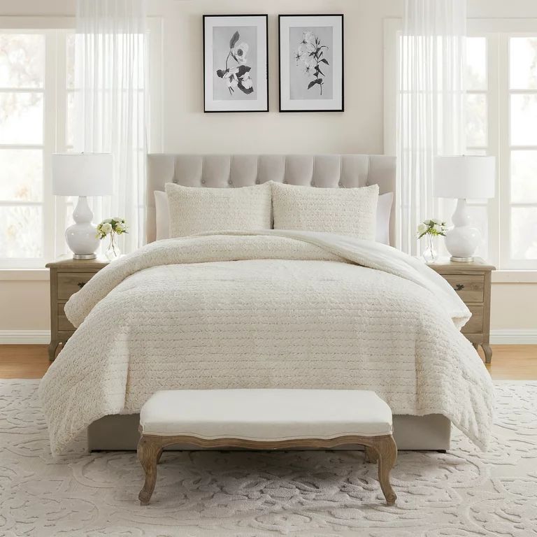 My Texas House Misha 3-Piece Faux Fur Comforter Set, Coconut Milk, Queen - Walmart.com | Walmart (US)