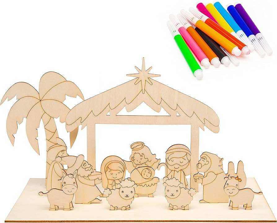 Haooryx 15Pcs Nativity Scene 3D Wood Art Craft Storytelling, Christmas Color Your Own Nativity Sc... | Amazon (US)