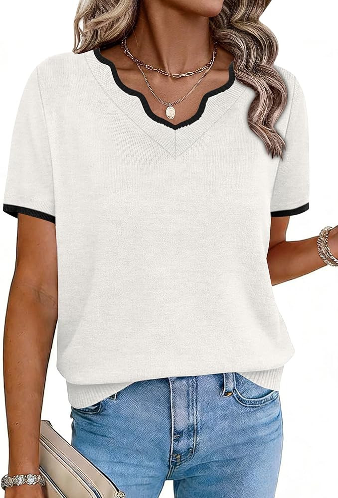 OFEEFAN Short Sleeve Sweater for Women V Neck Lightweight Sweaters Fashion Clothing Business Casu... | Amazon (US)