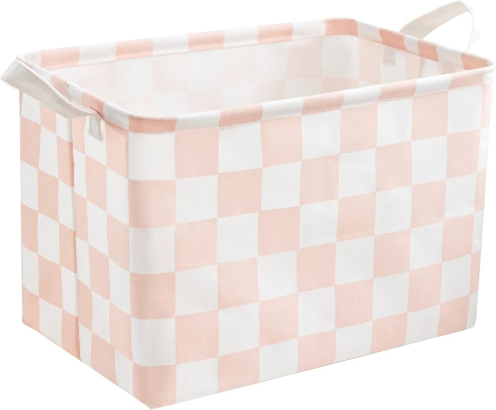 Pink White Checkered Canvas Basket, Rectangular Organizing Decorative Storage Basket for Kids Gir... | Amazon (US)
