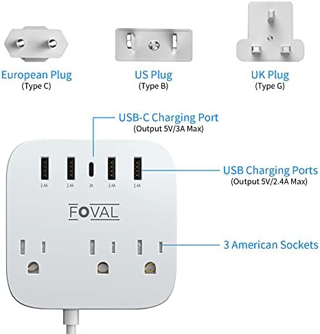 European Travel Plug Adapter, FOVAL EU/UK/US Power Strip with USB C and 4 USB Ports, 3 AC Outlets, W | Amazon (US)
