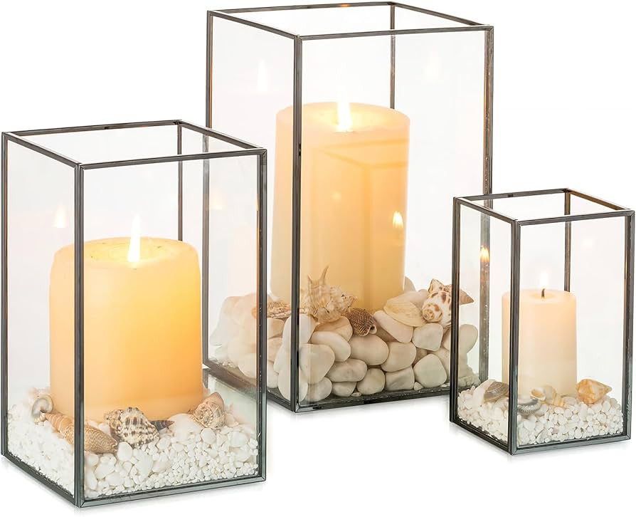 NUPTIO Glass Hurricane Candle Holder: 3 Pcs Black Lanterns Geometric Pillar Candles Holder Decora... | Amazon (US)