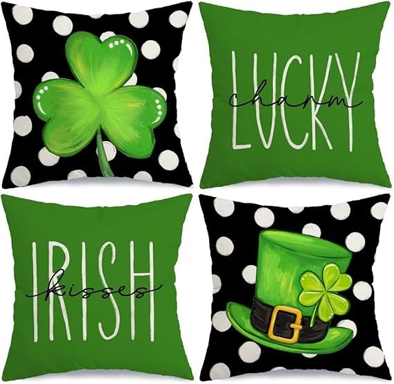 AACORS St Patricks Day Pillow Covers 18X18 Set of 4,Shamrock Clover Hat Lucky Charm Decorations H... | Amazon (US)