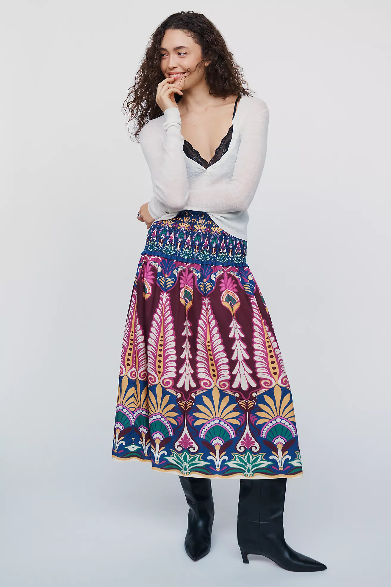 Farm Rio 100% Cotton Smocked Midi Skirt | Anthropologie (US)