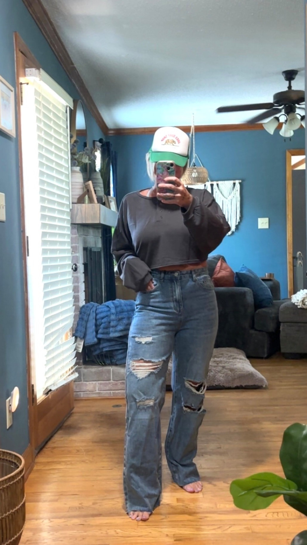 Cropped sweatshirt. 
Lightweight too.
I’m 5’3 & 155lbs
Too: Large 
Jeans: Medium

#LTKootd #LTKMidsize #LTKSaleAlert