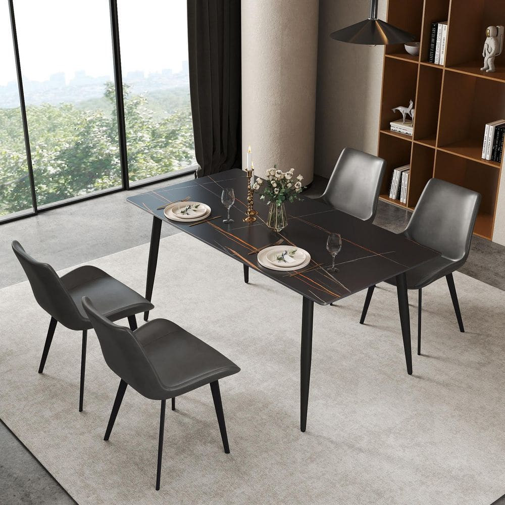 Black Rectangle Sintered Stone Marble 63 in. Pedestal Dining Table Seats 6 with Metal Black Legs | The Home Depot