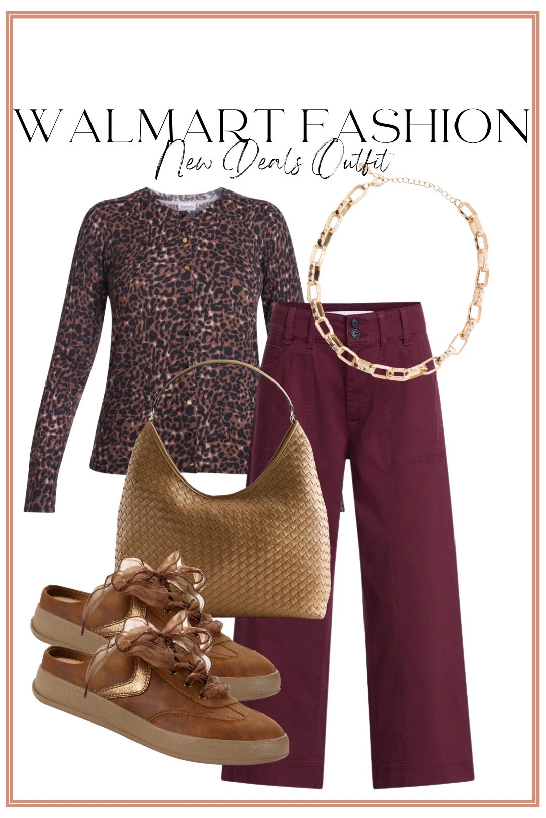 Leopard + burgundy might be one of my favorite combinations right now! 😍 This new Walmart leopard cardigan paired with rich burgundy utility pants is SO good for fall. I added the cutest brown sneakers with sheer ribbon laces, a woven bag and simple gold jewelry to pull it all together. Even better—this look includes new Walmart Deals finds! 🙌

#walmartfashion #walmartfinds #walmartstyle #walmartnewarrivals #walmartdeals #leopardcardigan #burgundypants #fallfashion #falloutfitideas #affordablefashion #walmartoutfit #casualfallstyle