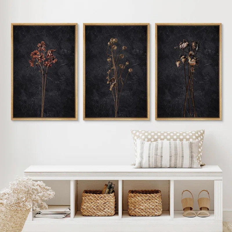 Dark Moody Wildflowers Vintage Retro Floral Botanical Framed On Canvas 3 Pieces Print Wall Decor | Wayfair North America