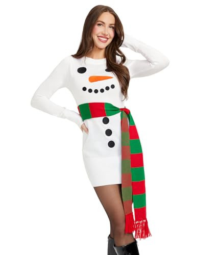 Tipsy Elves Christmas Sweater Dresses for Women - Cute Winter Themed Dresses - Instant Holiday Outfits - Women's Easy White Snowman Scarf Christmas Sweater Dress Size Medium | Amazon (US)